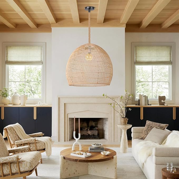 Arturesthome Large 23.6in Rattan Pendant Light for Kitchen Island, Woven Rope Lamp Shade, Hanging Ceiling Light Shade, Handmade Lampshade Chandelier for Dining Room