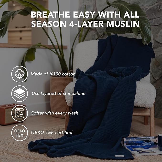 Goqan Throw Blanket 55x60 – 100% Cotton 4 Layer Boho Muslin Blanket for Adults, Lightweight, Soft, Breathable for Bed, Couch, Picnic - Navy