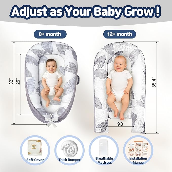 Baby Lounger for Newborn 0–24 Months, Baby Pillow & Baby Nest Lounger, Organic Cotton Breathable Infant Pillow, Portable Baby Nest for Home & Travel (Grey)