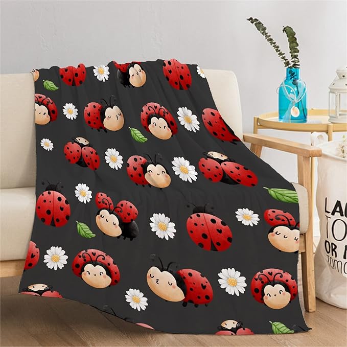 Thuswarm Cute Watercolor Ladybugs Grey Flannel Throw Blanket Warm Cozy Soft Funny Print Blankets for Bed Couch Sofa Room Decoration Gifts 40”×30” XSmall for Pets