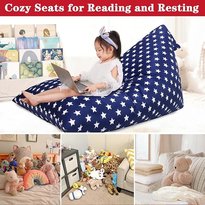 Jorbest Stuffed Animal Storage Bean Bag Chair for Kids and Adults, Stuffed Animal Bean Bag Storage, Luxury Velvet Cover Only (Navy with White Stars 200 L/52 Gal)