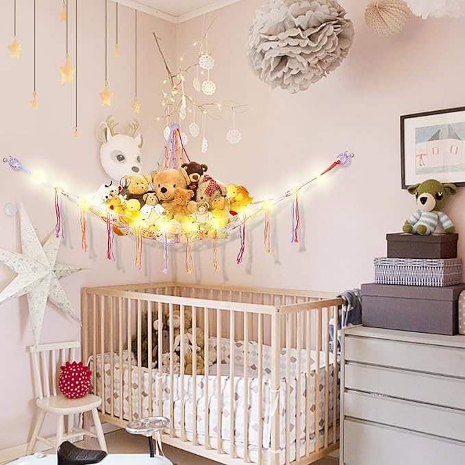 Stuffed Animal Hammock with LED Light, Large Stuffed Animals Storage Corner Plushie Net for Kids Room Decor, Jumbo Rainbow