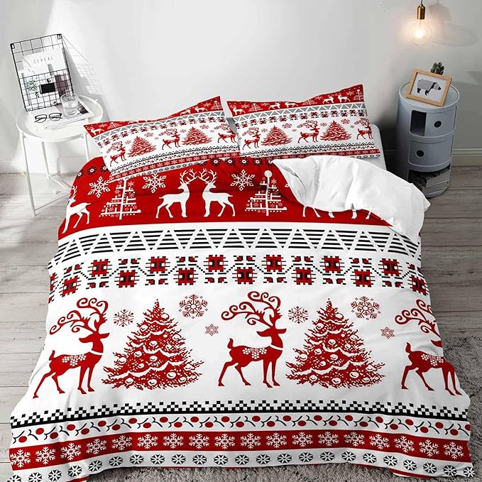 LUVIVIHOME 3PCS King Christmas Duvet Cover Set, Red & White Striped, Reindeer Deer Christmas Tree Snowflake Winter Holiday Xmas New Year Comforter Cover, 2 Pillow Shams