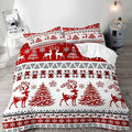 LUVIVIHOME 3PCS King Christmas Duvet Cover Set, Red & White Striped, Reindeer Deer Christmas Tree Snowflake Winter Holiday Xmas New Year Comforter Cover, 2 Pillow Shams