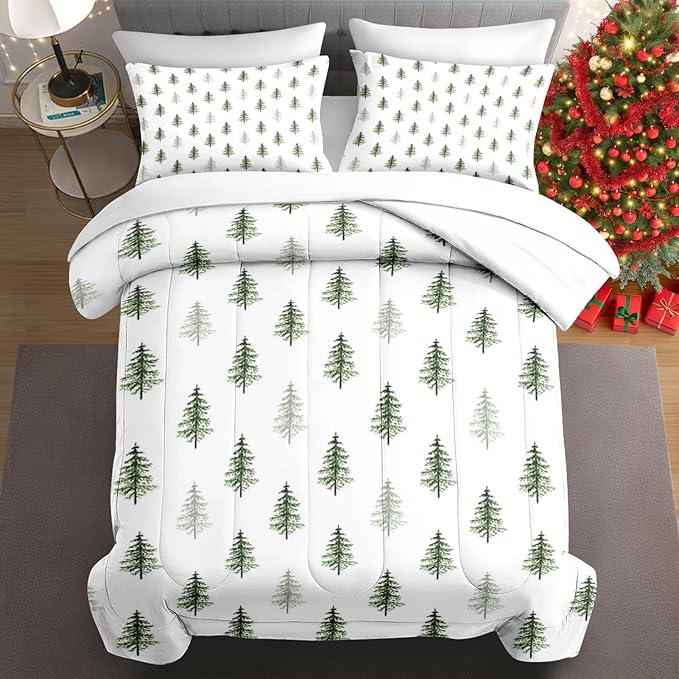 7 Pcs King Size Christmas Comforter Set with 2 Pillowcases & 2 Shams, Nature Simple Pine Tree Bedding for Kids and Adults, Winter Merry Xmas Bed in a Bag with Flat Fitted Sheet