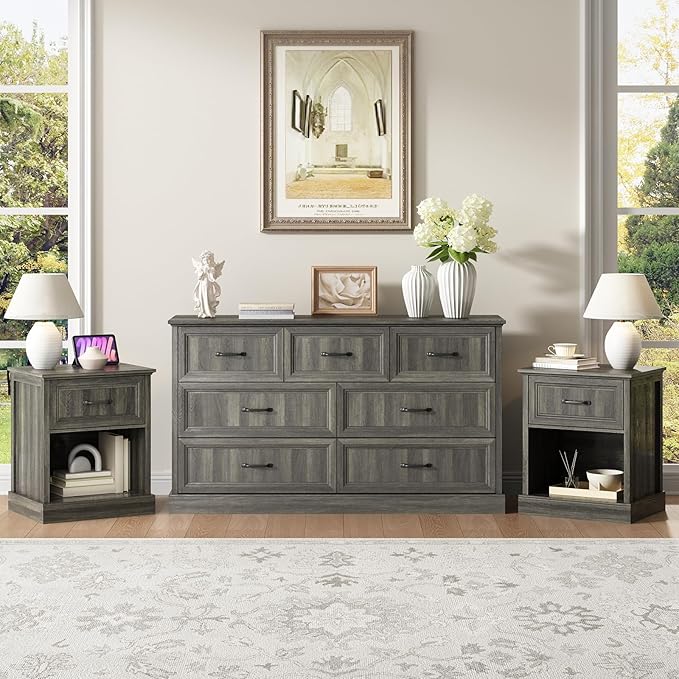 CARPETNAL Farmhouse Dresser and Nightstand Sets for Bedroom, 3 Pcs Bedroom Set, 7 Drawer Dresser & Nightstand Set of 2, Modern Wood Chest of Drawers for Bedroom, Living Room, Entryway, Grey