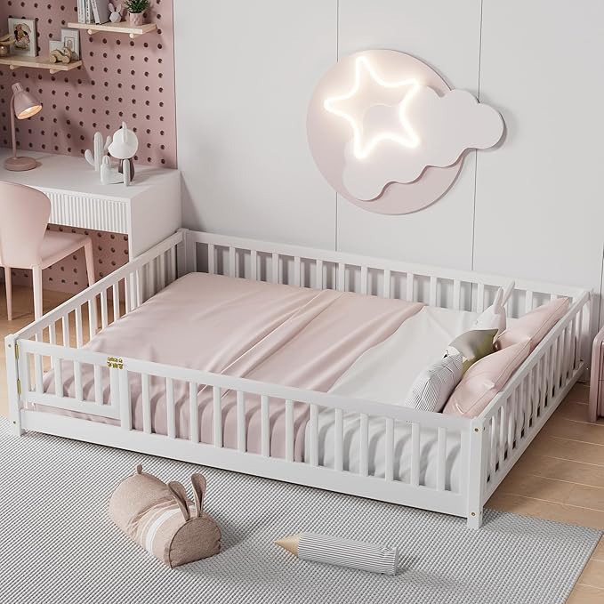 i-POOK Queen Floor Bed for Children, Sturdy Wood Montessori Bed Frame with Wood Slats, Fence & Door, Montessori Floor Bed for Girls and Boys, White