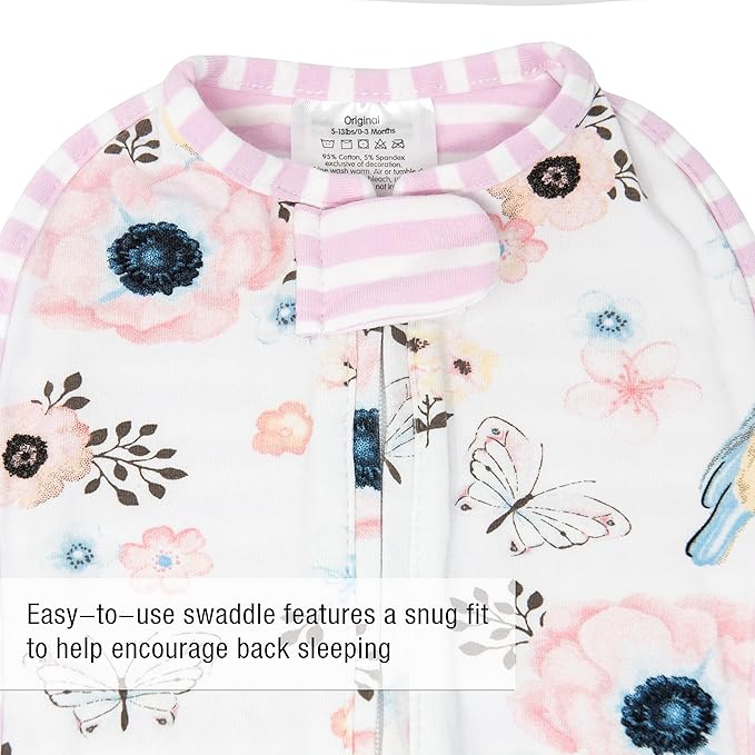 Woombie Original Baby Swaddling Blanket - Self-Soothing, Cotton Baby Swaddle with Zipper - Wearable Newborn Blanket, Birdie Front/Stripes Back, 14-19 lbs