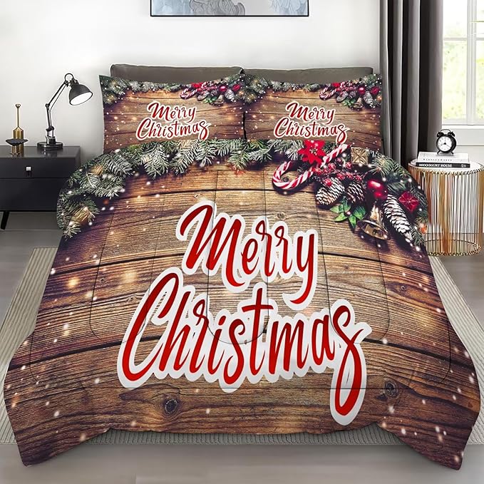 Christmas Comforter Set Full: Christmas Wood Grain Bedding Festival Gift Xmas for Kids Girls Women Teens Bedroom Quilt Set 1 Comforter & 2 Pillowcases