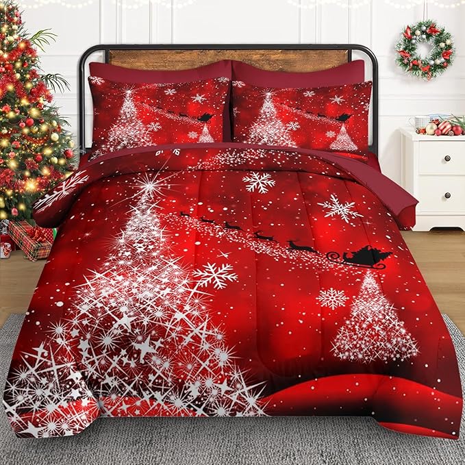 7 Pcs Queen Size Christmas Comforter Set with 2 Pillowcases & 2 Shams, Glitter Pine Tree Bedding for Kids and Adults, Winter Elegant Snowflake Bed in a Bag with Flat Fitted Sheet