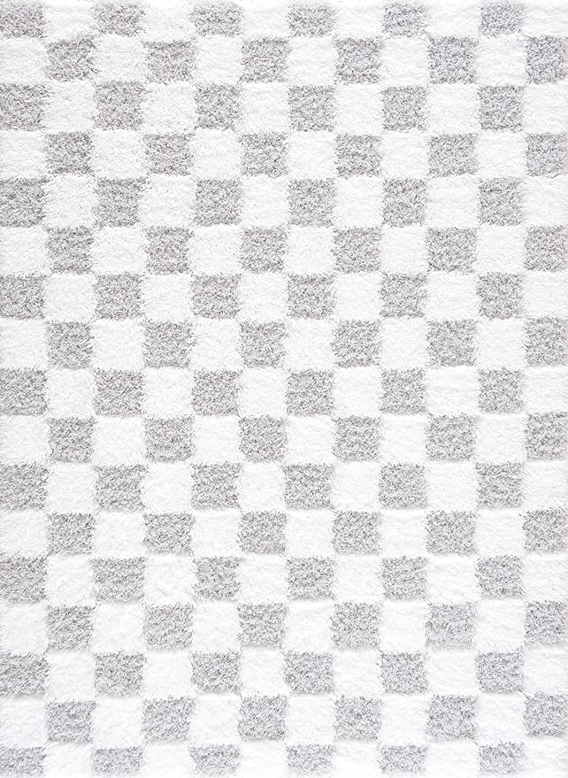 BoutiqueRugs Atira Modern Checkered Shag Runner Rug - High Pile Fluffy Shaggy Carpet - Kids Room, Hallway, Bedroom Shag - Light Gray, Cream, White - 2'7" x 7'3" (2x8)