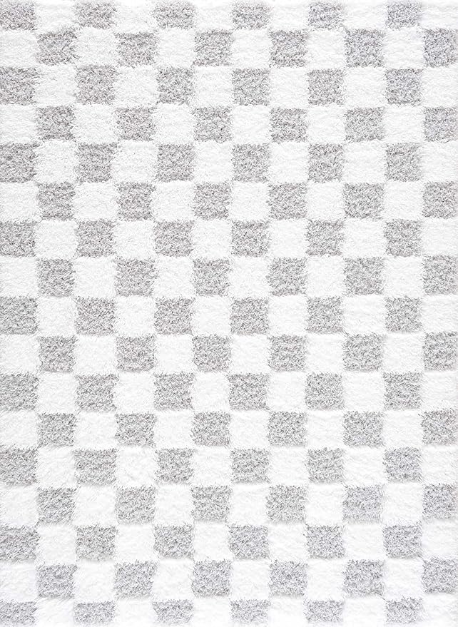 BoutiqueRugs Atira Gray Checkered Shag Area Rug - Light Gray, Cream - 18" x 18" Sample