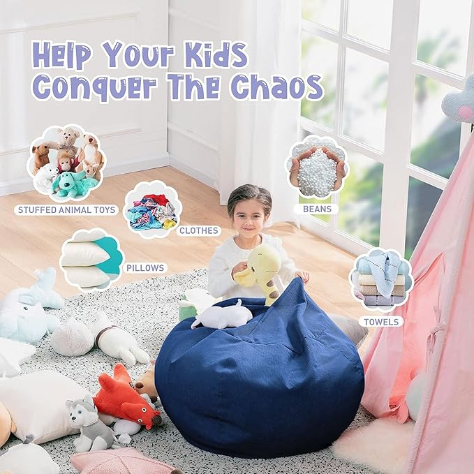 Nobildonna Bean Bag Chair Cover (No Filler) for Kids and Adults,Beanbag Stuffed Animal Storage Without Filling Plush Toys Holder and Organizer Soft Premium Corduroy 200L (Dark Blue)