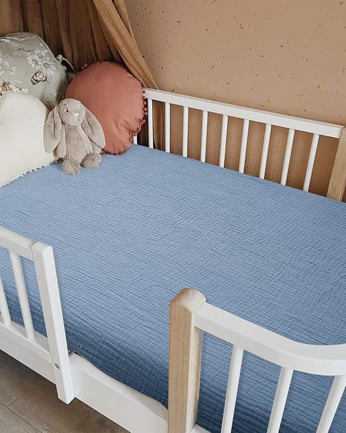 Crib Sheets for Boys Girl, Fitted Baby Toddler Bed Sheets 28" x 52", Neutral Muslin Cotton Crib Mattress Bedding Soft and Breathable Comfort (Costume Blue)