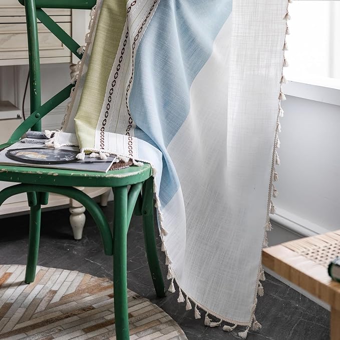 Deeprove Boho Linen Curtains 96 inch Long for Bedroom Living Room, French Retro Farmhouse Tassels Window Treatment Bohemian Embroidery Drape Rod Pocket 1 Panel 52" W x 96" L, Blue and Sage Green
