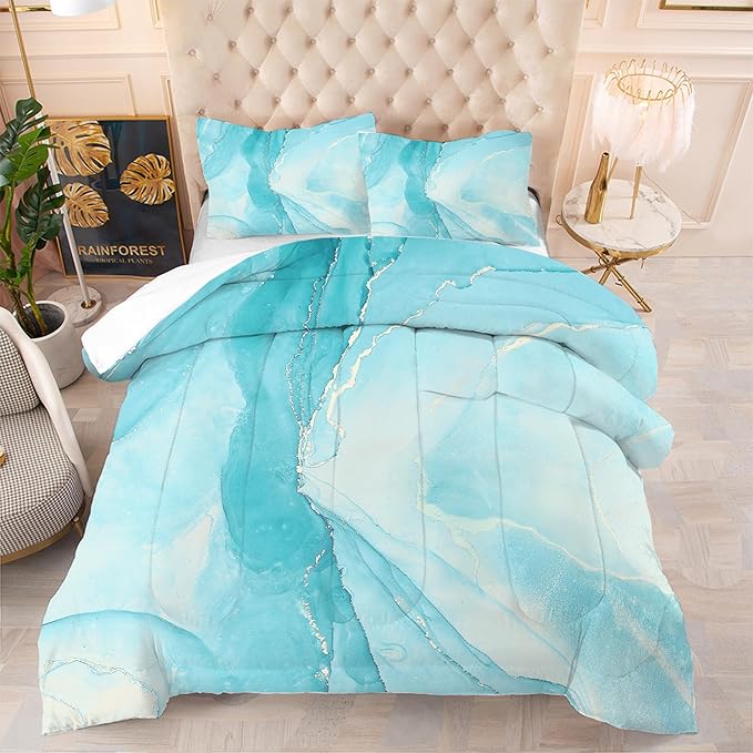 Comforter Set Blue Marble: King Size Aqua Blue Bedding Sets for Women Girls Teens Bedroom Luxury Silver Glitter Quilt Abstract Marbling Bed Set 1 Comforter & 2 Pillowcases