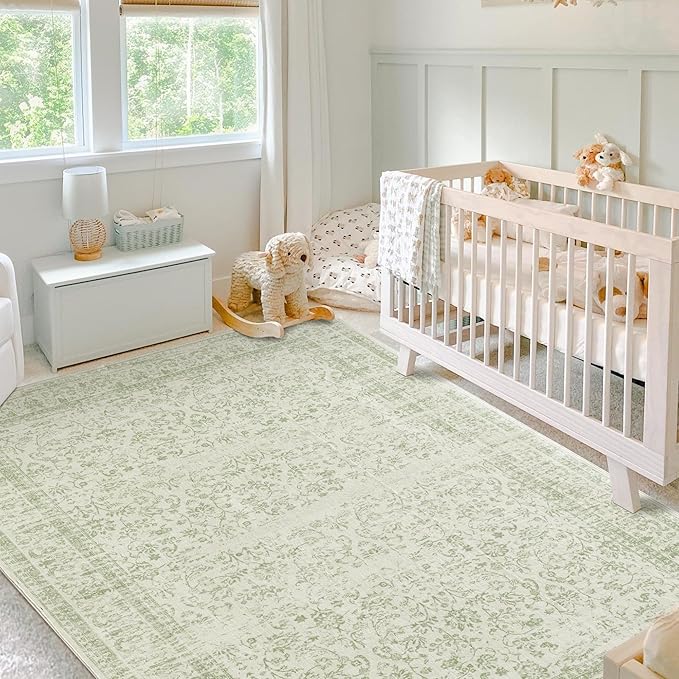 Sage Green Rug for Bedroom Neutral Boho Farmhouse Floral Washable Soft Faux Wool No Slip Area Rugs for Living Room Home Office,5x8