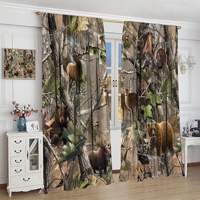 Retro Forest Window Curtains, Camouflage Hunting Tree Camo Rustic Deer Elk Bird Bear Blackout Rod Pocket Windows Door Curtain for Bedroom Living Room Home Decor 42x63in