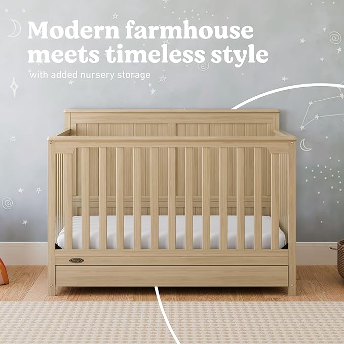 Graco Hadley 5-in-1 Convertible Crib with Drawer (Driftwood) – GREENGUARD Gold Certified, Fits Standard Crib Mattress, Converts to Toddler Bed, Daybed and Full Bed, 4 Adjustable Mattress Heights