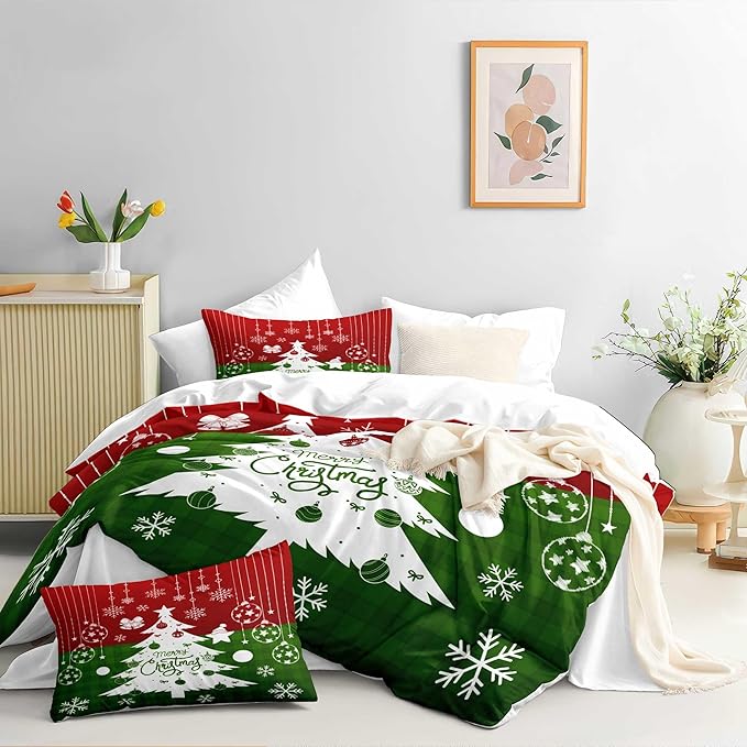 Red Christmas Duvet Cover Queen Size Green Christmas Tree Gingham Bedding Set 3 Pcs Kids Boys Girls Checked Holiday Pattern Comforter Cover with Zipper Closure
