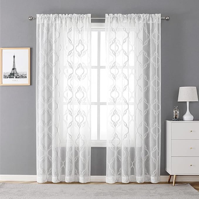VISIONTEX Sheer Curtains 63 Inches Long 2 Panels Set, Grey and Ivory Moroccan Embroidery Texture Geometric Rod Pocket White Voile Tulle Semi Window Treatment Pair for Bedroom, W54 x L63
