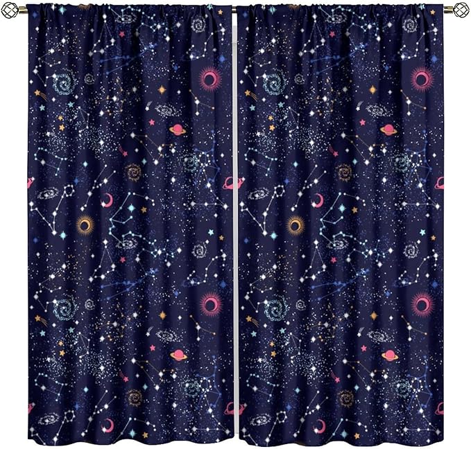 Kids Galaxy Curtains, Fantasy Stars Outer Space Universe Planets Print Window Treatments for Boys Girls Bedroom Nursery Playroom 63" W X 72" L