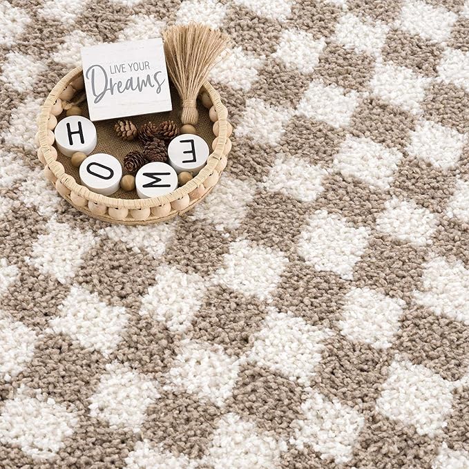 Hauteloom Kieu Contemporary Checkered Fluffy Shag Area Rug - Modern Geometric Soft Carpet Tiles for Living Room, Kids Room, Nursery - Gray, Taupe, White - 5'3" x 7'