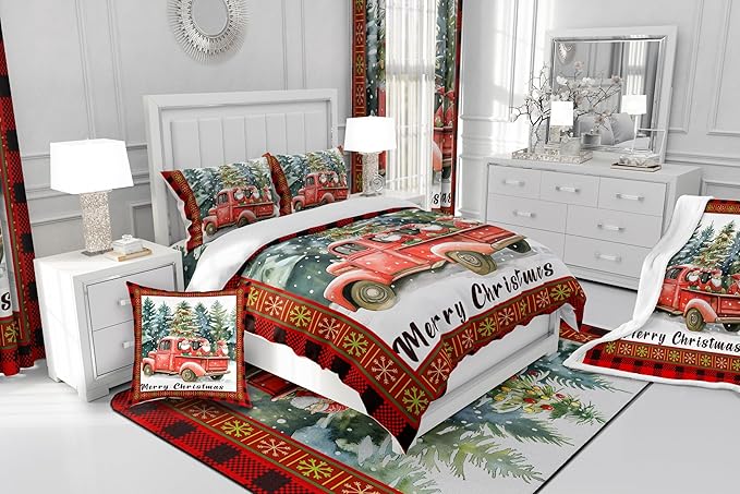 Merry Christmas Comforter Set Twin Size,Retro Red Truck Christmas Tree Bedding Set for Kids Boys Girls Room Decor,Gnome Snowflake Xmas Quilt Set 2Pcs,Black Red Plaid Duvet Insert,1 Pillowcase