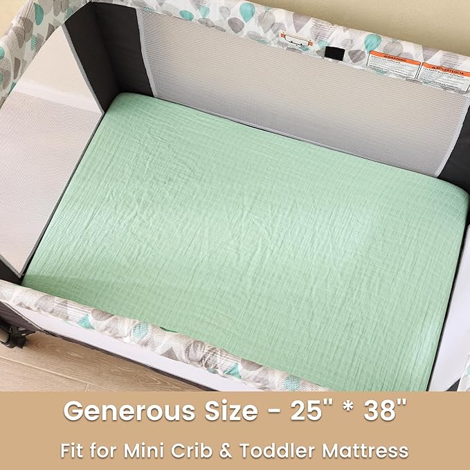 david's kids Muslin Mini Crib Sheets, 2 Pack Cotton Pack N Play Sheets for Boys Girls Neutral, Soft Breathable Baby Sheets Fit Pack N Play, Playard and Mini Crib Mattresses, Beige & Green