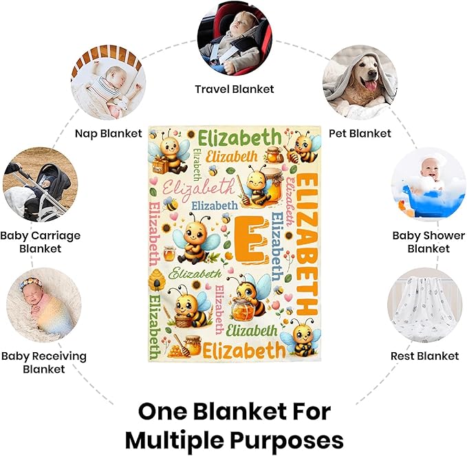 Personalized Custom Honeybee Preschool Blanket Gifts for Baby Toddler Kids Boys Girls - Customized Honeybee Super Soft Lightweight Flannel Sheets Decor for Crib Nap Couch - 30"x40" for Baby/Pets