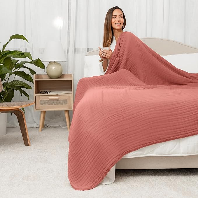 Comfy Cubs Muslin Blanket for Adults Queen 90" x 90" - 6 Layer Soft, Breathable & Lightweight Muslin Adult Blanket - Machine Washable & Designed in The US Bedding for All Seasons - Dusty Rose