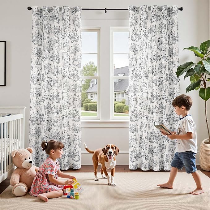 jinchan Linen Nursery Curtains 84 inch Long Woodland Wildlife Black Print Drapes for Kid's Room Light Filtering French Country Farmhouse Curtains with Bunny and Forest Design Set of 2 Panels