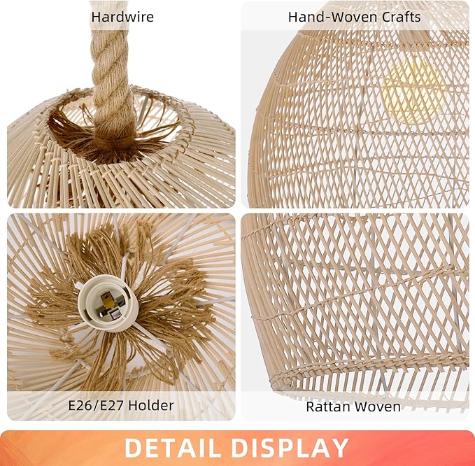 Arturesthome Natural Rattan Pendant Light for Kitchen Island, Woven Lamp Shade Chandelier, Hanging Ceiling Light, Handmade Lampshade Rope Lamp D15.7in*13.7in