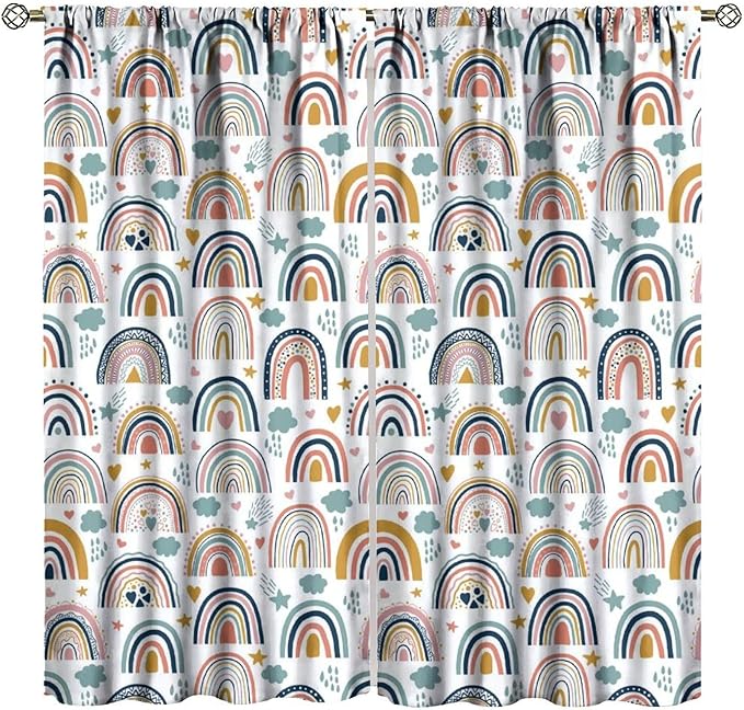 Kids Rainbow Curtains Boho Cartoon Colorful Stars Love Heart Lovely Abstract Art Pattern Print Window Drapes for Girl Bedroom Living Room Kitchen Decor,2 Panel Set,52Wx84H Inch Blackout
