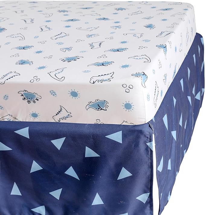 Blue Dinosaur Crib Bedding Set for Baby Boy, 3 Pieces Nursery Set Including Quilt/Fitted Sheet/Crib Skirt