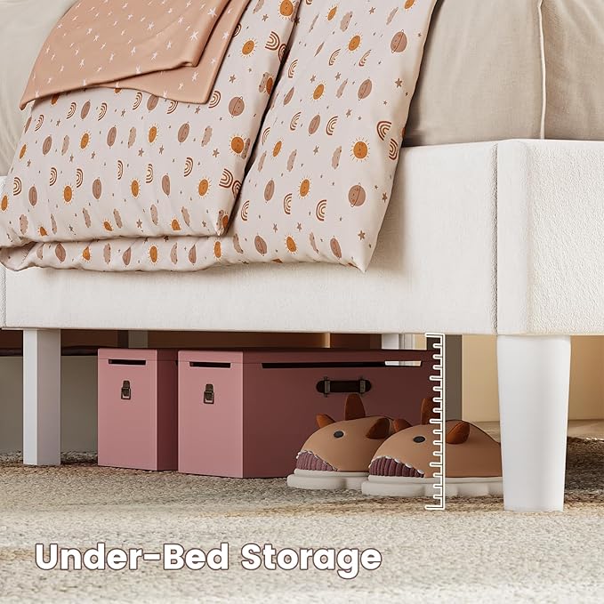 ADORNEVE Twin Size Bed Frame with LED Lights, Princess Velvet Upholstered Platform Bed for Girls, Headboard with Charging Station & Guardrail & Crystal Button, No Box Spring Needed, Beige