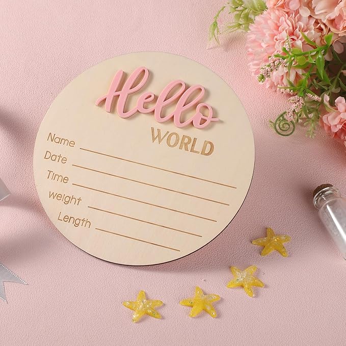 Newborn Announcement Sign, 5.9in Wooden Hello World Baby Welcome Sign Birth Baby Name Plaques for Newborn Boys and Girls Photo Props Shower Hospital Nursery (Light Pink)