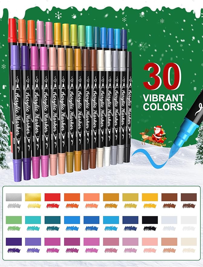30 Colors Acrylic Paint Pens Markers Waterproof Dual Tip Acrylic Marker Set Brush & Fine Tip Stocking Stuffers Rock Wood Fabric Glass Ceramic Markers Christmas Gifts for Teens DIY Crafts