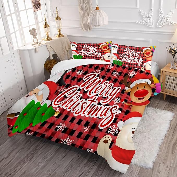 Christmas Bedding Sets Twin Size Snowflake Plaid Comforter Set for Kids Girls Bedroom Santa Claus Gift Xmas Festival Quilt Set,1 Comforter + 1 Pillow Case