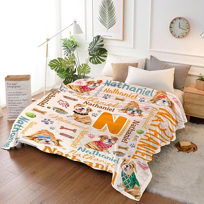 Personalized Custom Bulldog Blanket Gifts for Kids Boys Girls with Name - Customized Bulldog Super Soft Lightweight Flannel Sheets Decor for Crib Nap Couch - 50"x60" for Teens
