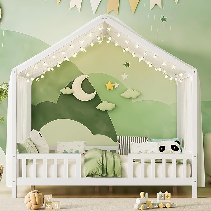 Montessori Floor Bed with Canopy, High Railings and Roof, Full Size Wood House Bed Frame for Kids Bedroom (White/C)