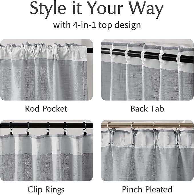 FMFUNCTEX Linen Semi Sheer Curtains 108 Inches Long for Living Room, Grey Pinch Pleated Curtains for Bedroom, Light Filtering Extra Long Farmhouse Window Drapes Rod Pocket Back Tab 2 Panels Set