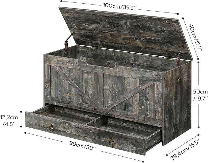 HOOBRO Storage Chest, 39.3" Toy Chest with Drawer, Wooden Storage Bench, Sturdy Entryway Bench Supports 220 lb, Shoe Bench, Safety Hinge, U-Shaped Opening, Easy Assembly, Vintage Gray VP710CW01G1