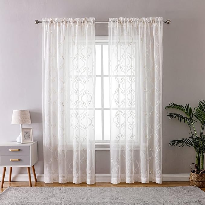 VISIONTEX Sheer Curtains 108 Inches Long 2 Panels Set, Beige and Ivory Two Tone Textured Moroccan Embroidery Geometric Rod Pocket Ivory Voile Tulle Semi Window Treatment Pair for Bedroom, W54 x L108