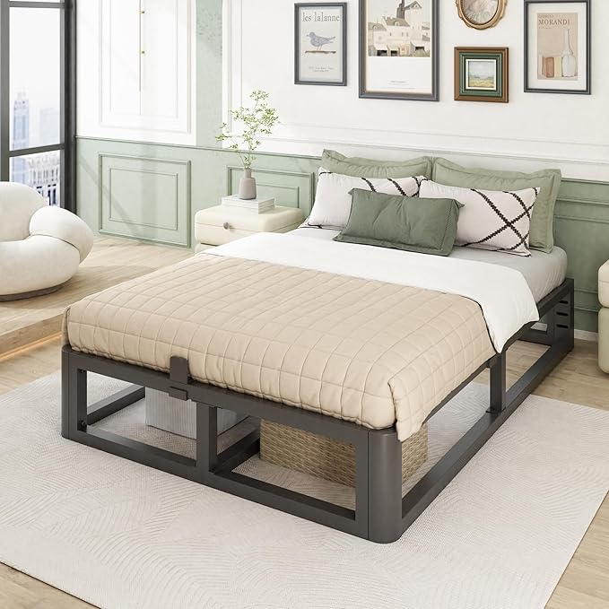 Metal Heavy Duty 12 inch Full Bed Frame with Rounded Corner and Headboard Hole Mattress Retainers 3500 LBS No Box Spring Needed Platform Noise Free Easy Assembly