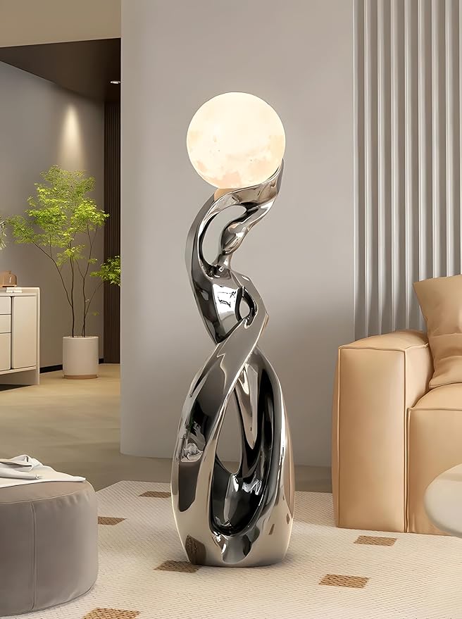 Bofea-Modern Funky Floor Lamp for Living Room,Large Tall Standing Lights with 3D Moon Lamp,Smoked Resin Floor Lamps,Accent Lights,Modern Dancing Girls Statue for Living Room Bedroom Home Decor