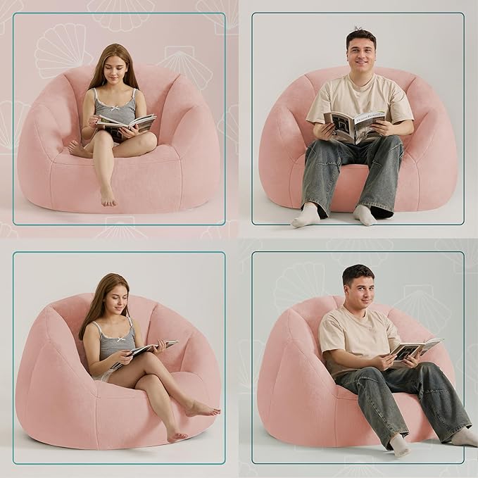 Giant Bean Bag Chair for Adults - Comfy Plush Round Shell Soft Accent Chair, Oversized Cozy Lounge Floor Sofa Reading Chair, Mini Couch for Living Room, Bedroom & Game Rooms, Dorm, Pink