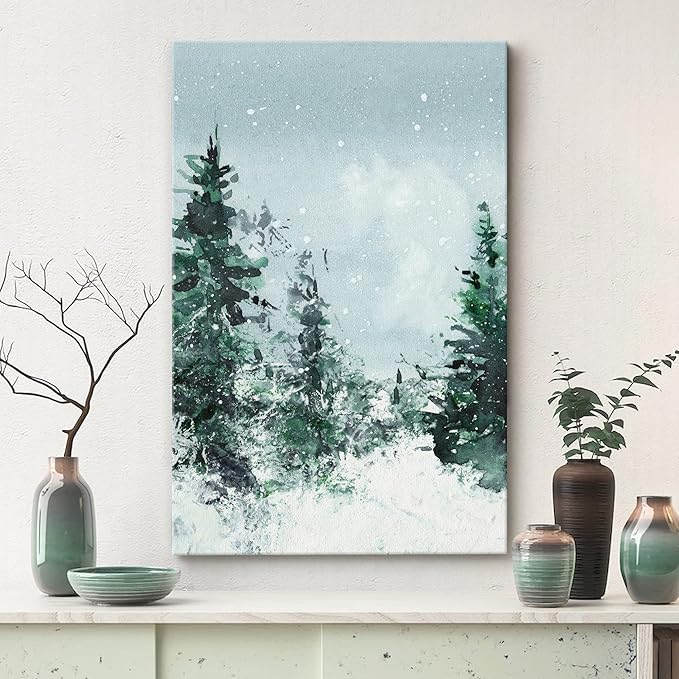 SIGNWIN Canvas Print Wall Art Woodland Nursery Decor Winter Snow Watercolor Pine Tree Forest Nature Illustrations Modern Art Decorative Landscape Colorful for Living Room, Bedroom, Office - 32"x48"