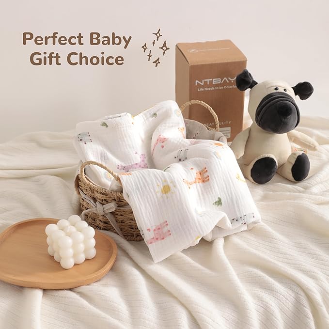 NTBAY 2 Layer Muslin Cotton Baby Swaddle Blanket, 42x60 Soft and Breathable Receiving for Newborns and Infants, Perfect for Crib, Stroller, Travel, Lightweight Nursery Blanket, Cartoon Giraffe