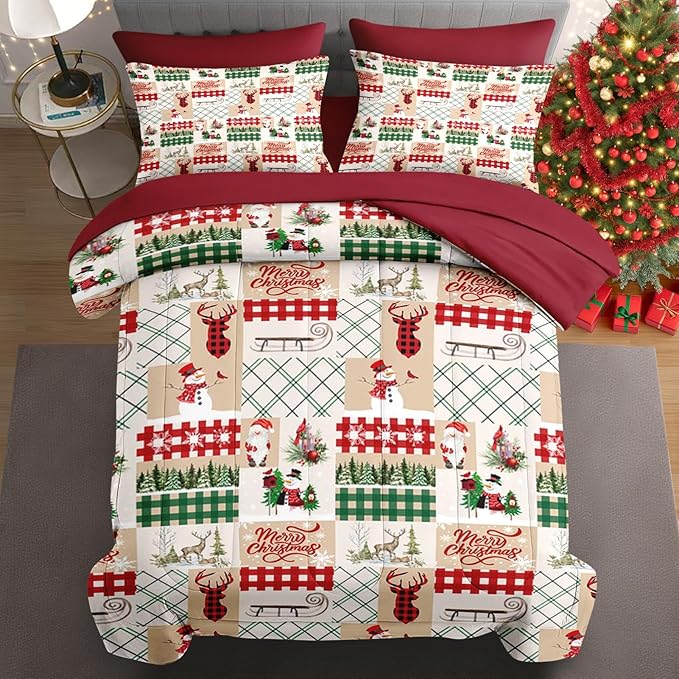 7 Pcs King Size Christmas Comforter Set with 2 Pillowcases & 2 Shams, Winter Xmas Plaid Bedding for Kids and Adults, Cute Snowman Reindeer Bed in a Bag with Flat Fitted Sheet